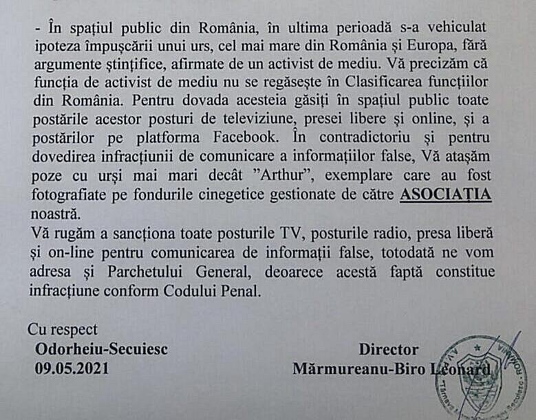 O asociație de vânători din județul Harghita acuză presa de fake news în legătură cu dimensiunea ursului Arthur și cere sancționarea ei la CNA / Asociația se va adresa și Parchetului General