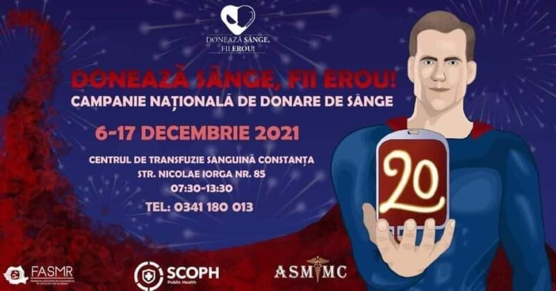 Constanța – Donează sânge, fii erou! Campania națională DE 20 DE ANI EROI, în perioada 6-17 decembrie 2021