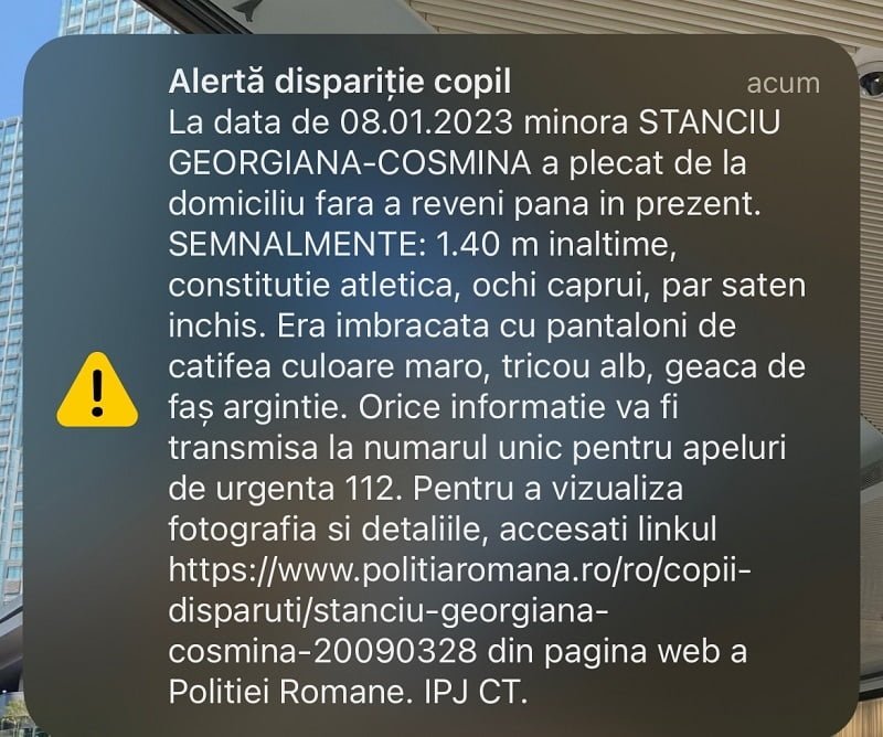 Alertă în Constanța! A fost emis un mesaj RO-Alert în legătură cu dispariția unei minore