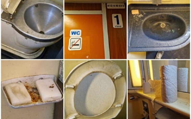 Cum arată băile de la clasa 1 în trenul Constanța-Sibiu: Mizerie, rugină, săpunuri refolosite și hârtie depozitată impropriu