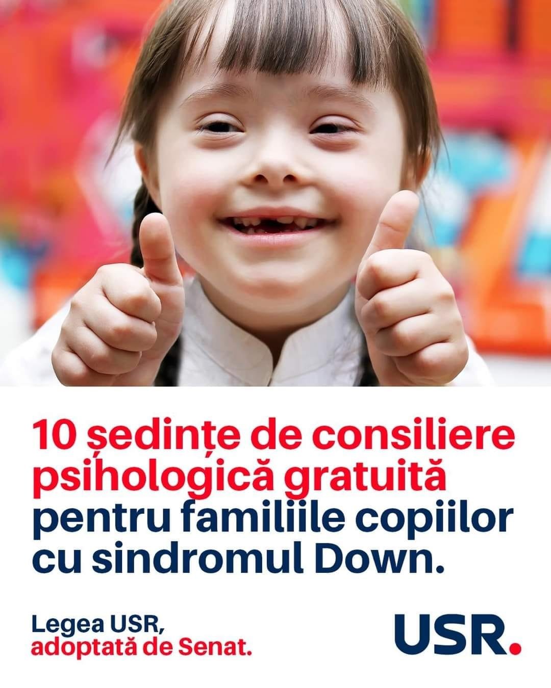 Inițiativă USR: 10 ședințe de consiliere psihologică gratuită pentru familiile copiilor cu sindromul Down