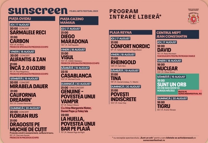 Începe SUNSCREEN Film & Arts Festival 2023: Actorii Dorian Boguță, Carmen Tănase, Ilona Brezoianu și Ada Galeș vin la Constanța