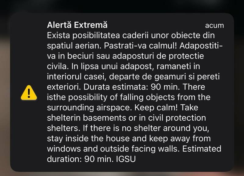 Mesaj de avertizare RO-Alert despre posibilitatea căderii unor obiecte din spațiul aerian, în județul Tulcea