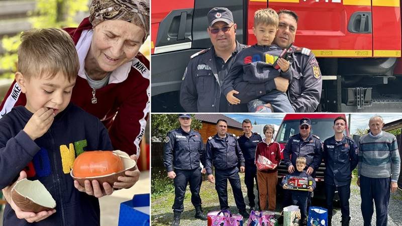 (FOTO) Pompierii constănțeni i-au adus zâmbetul pe buze unui băiețel a cărui casă a fost mistuită de flăcări: Iustin a primit cadouri, dar și un dormitor nou