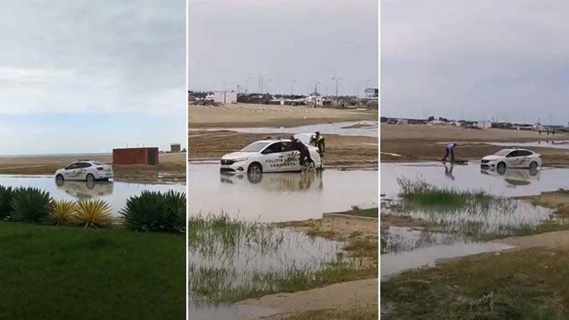 (VIDEO) Imagini virale de la Constanța: o mașină a Poliției Locale a rămas împotmolită pe plajă