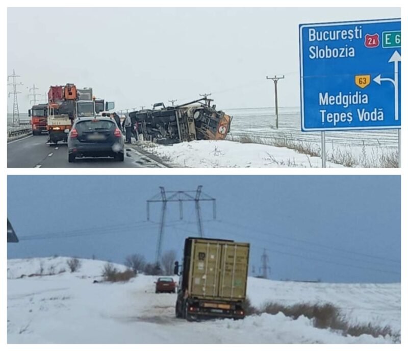 Traficul rutier din judeţul Constanţa, afectat de ninsoare. Un utilaj de deszăpezire s-a răsturnat, TIR blocat în zăpadă