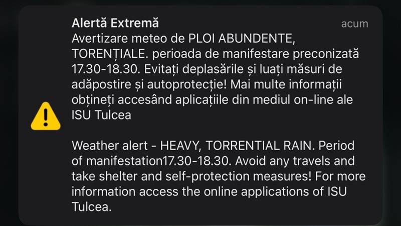 Mai multe localități din județul Tulcea, sub cod portocaliu de ploi torențiale și descărcări electrice: mesaj Ro-Alert pentru locuitorii din Horia