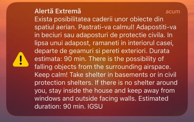 Mesaj RO-Alert transmis în zona judeţului Tulcea. Există posibilitatea să cadă obiecte din spaţiul aerian