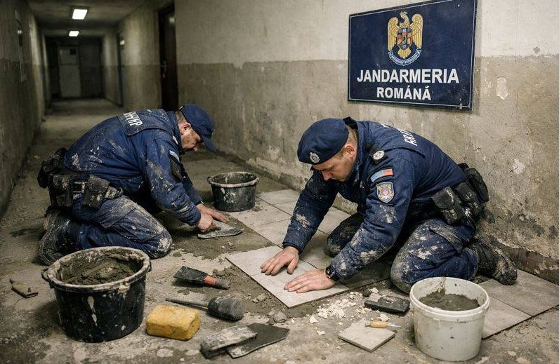 Fake-ul cu jandarmi care pun gresie, demontat de autorități: „Fotografia, prelucrată cu ajutorul inteligenţei artificiale!”