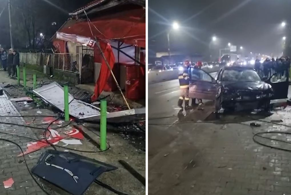 Accident spectaculos. O mașina a sărit peste un sens giratoriu și a ajuns pe un acoperiș