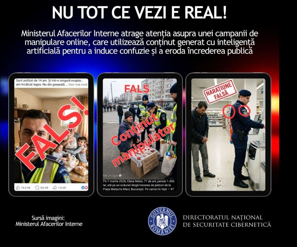 Avertizare DNSC. Campanie cu conținut fals, generat de inteligența artificială, vizează utilizatorii din România