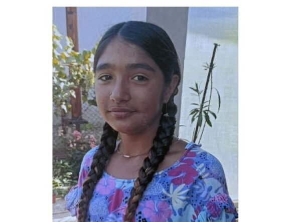 Young girl with two long braids wearing a blue floral dress, standing outdoors near a garden fence.