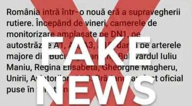 Romanian news alert page with a large red 'X' and the words 'FAKE NEWS' over the textiled content discussed.