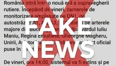 Romanian news alert page with a large red 'X' and the words 'FAKE NEWS' over the textiled content discussed.