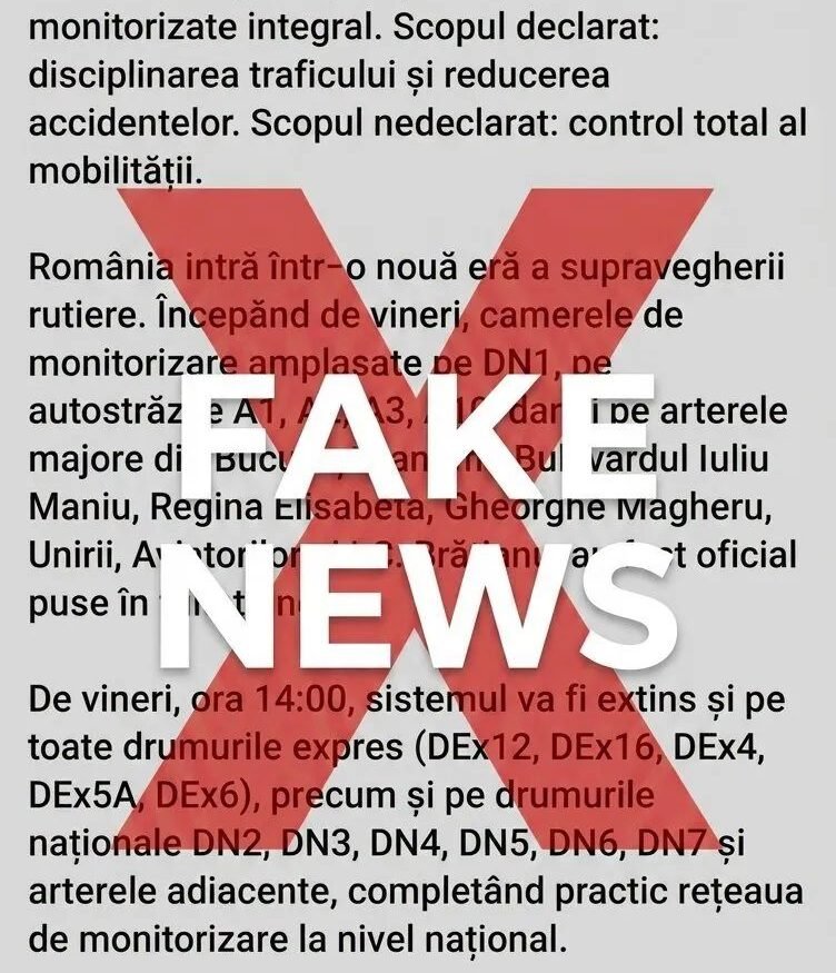 Romanian news alert page with a large red 'X' and the words 'FAKE NEWS' over the textiled content discussed.