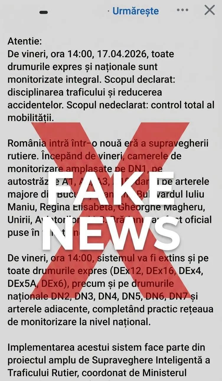 Romanian news alert page with a large red 'X' and the words 'FAKE NEWS' over the textiled content discussed.