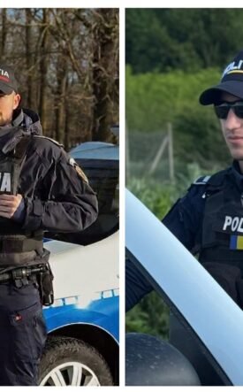 Two Romanian police officers in tactical gear: left, a officer stands beside a police car in a wooded area; right, a second officer wearing sunglasses near an aircraft.