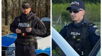 Two Romanian police officers in tactical gear: left, a officer stands beside a police car in a wooded area; right, a second officer wearing sunglasses near an aircraft.
