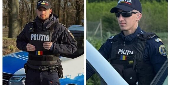 Two Romanian police officers in tactical gear: left, a officer stands beside a police car in a wooded area; right, a second officer wearing sunglasses near an aircraft.