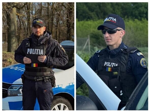 Two Romanian police officers in tactical gear: left, a officer stands beside a police car in a wooded area; right, a second officer wearing sunglasses near an aircraft.