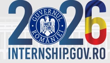 2026 internship program graphic for Romania, featuring the Guvernul României seal and flag colors