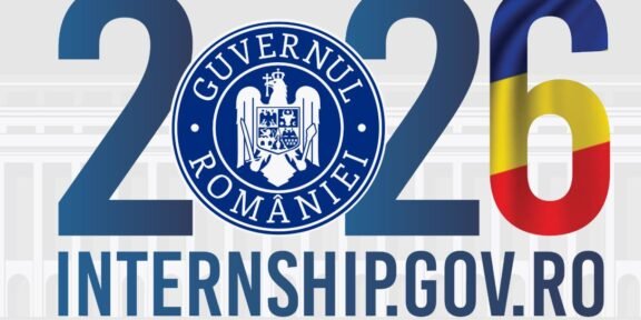 2026 internship program graphic for Romania, featuring the Guvernul României seal and flag colors