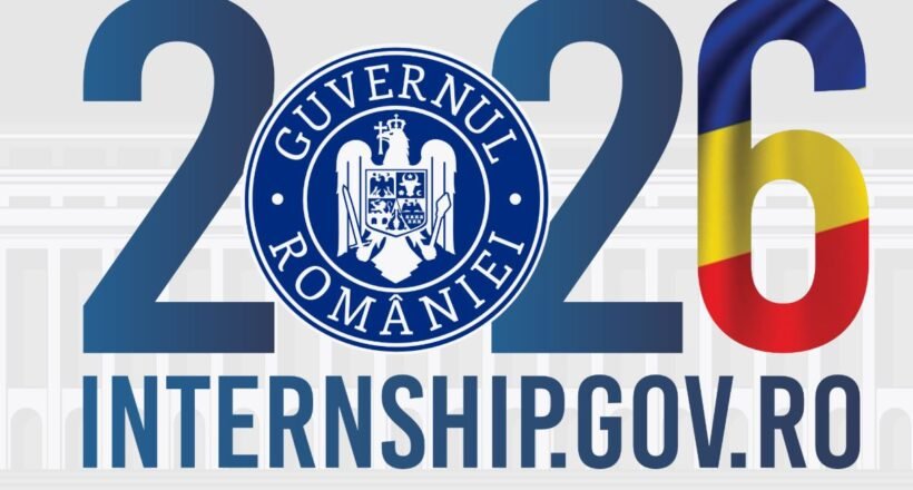 2026 internship program graphic for Romania, featuring the Guvernul României seal and flag colors