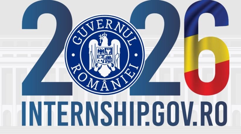 2026 internship program graphic for Romania, featuring the Guvernul României seal and flag colors