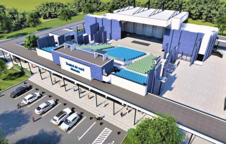 A rendered aerial view of a modern sports arena with blue and green seating, a large entrance, and a parking lot nearby.