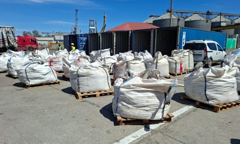 Industrial yard with large white bulk bags on pallets, blue shipping containers, and workers in high-visibility vests in the background, under a clear sky.