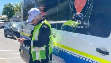 Policeman in a bright vest stands beside a blue-and-white police van, looking at a handheld device.