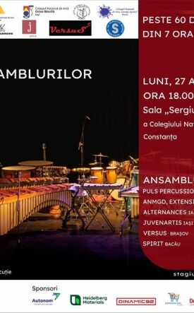 Poster for Turneul Ansamblurilor de Percuție VI edition, stage with percussion instruments on left and Romanian event details on a red panel to the right, Constanța.