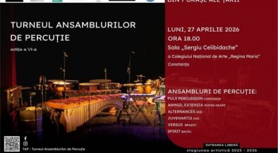 Poster for Turneul Ansamblurilor de Percuție VI edition, stage with percussion instruments on left and Romanian event details on a red panel to the right, Constanța.