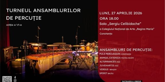 Poster for Turneul Ansamblurilor de Percuție VI edition, stage with percussion instruments on left and Romanian event details on a red panel to the right, Constanța.