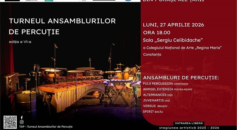 Poster for Turneul Ansamblurilor de Percuție VI edition, stage with percussion instruments on left and Romanian event details on a red panel to the right, Constanța.