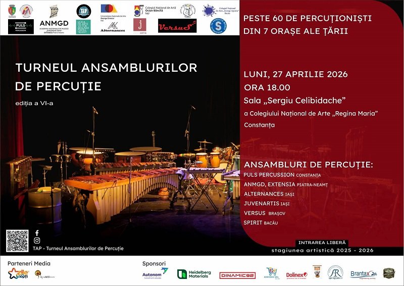 Poster for Turneul Ansamblurilor de Percuție VI edition, stage with percussion instruments on left and Romanian event details on a red panel to the right, Constanța.