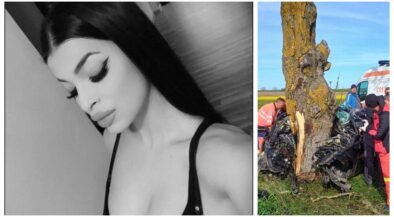 Collage showing a black-and-white portrait of a woman on the left and a car crash scene with responders on the right.