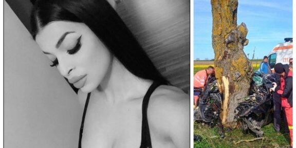 Collage showing a black-and-white portrait of a woman on the left and a car crash scene with responders on the right.