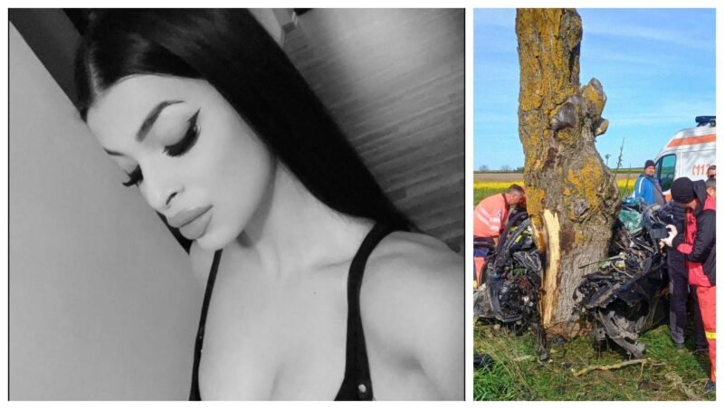 Collage showing a black-and-white portrait of a woman on the left and a car crash scene with responders on the right.