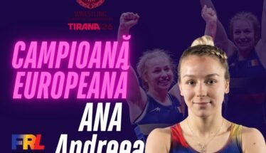 Poster announcing European wrestling champion Ana Andreea (55 kg), with Romanian flag on her uniform, FRL logo, and bright pink 'Campioană Europeană' title.