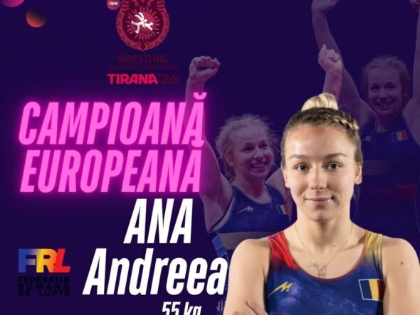 Poster announcing European wrestling champion Ana Andreea (55 kg), with Romanian flag on her uniform, FRL logo, and bright pink 'Campioană Europeană' title.