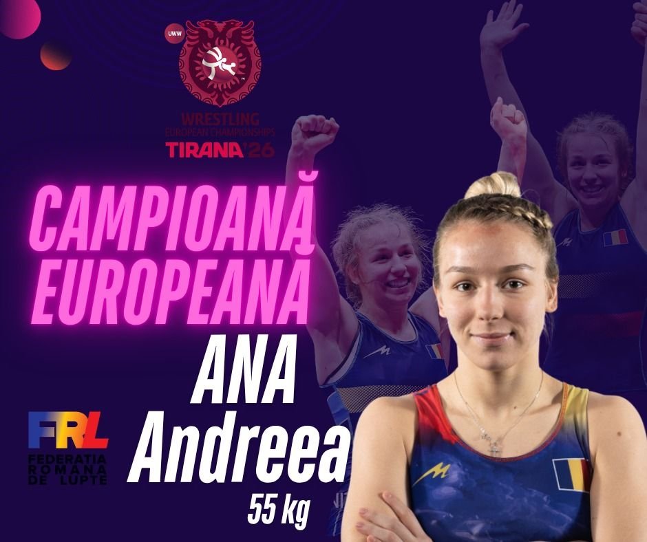 Poster announcing European wrestling champion Ana Andreea (55 kg), with Romanian flag on her uniform, FRL logo, and bright pink 'Campioană Europeană' title.