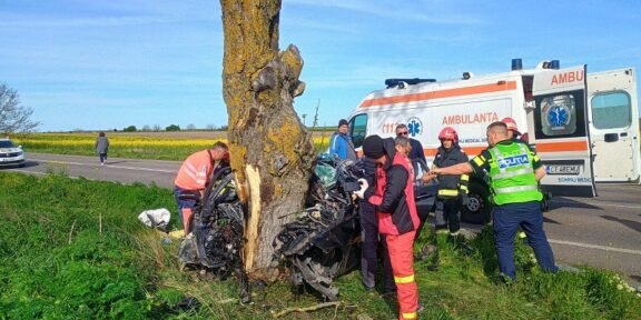 Emergency responders work at a car crash scene by a damaged vehicle against a tree; an ambulance is parked on a rural road.