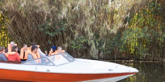 People wearing orange life jackets ride a white-and-orange speedboat along a calm river with tall reeds in the background.