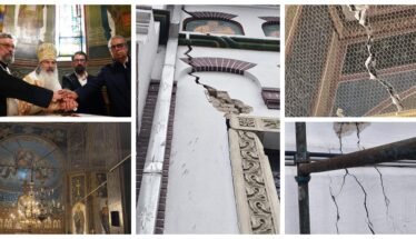 Three men, including a bishop, shake hands inside a church.