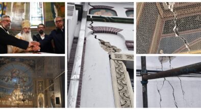 Three men, including a bishop, shake hands inside a church.