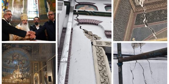 Three men, including a bishop, shake hands inside a church.