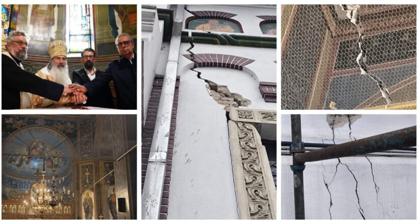 Three men, including a bishop, shake hands inside a church.