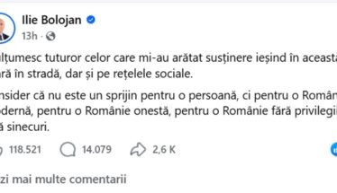 Facebook post by Ilie Bolojan praising supporters, mentioning support on the street and on social networks; reaction and comment counts visible.