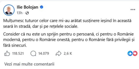 Facebook post by Ilie Bolojan praising supporters, mentioning support on the street and on social networks; reaction and comment counts visible.